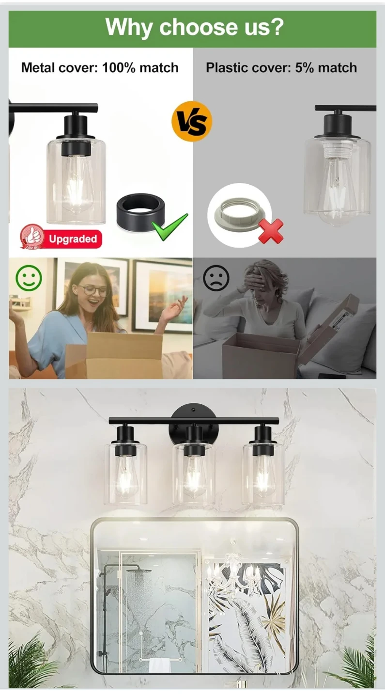 3-Light Matte Black Bathroom Vanity Wall Light