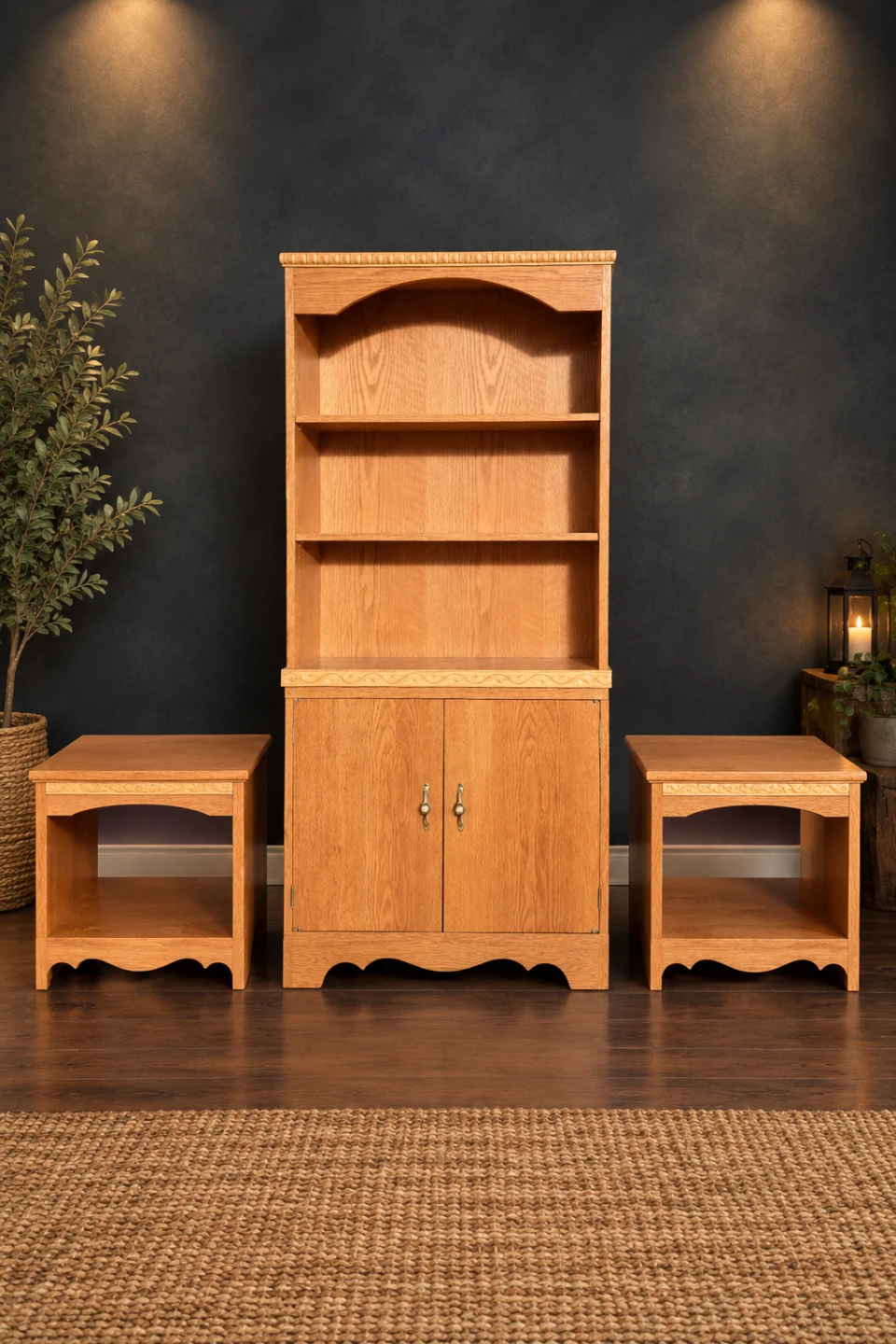 Oak Hutch and Pair of End Tables