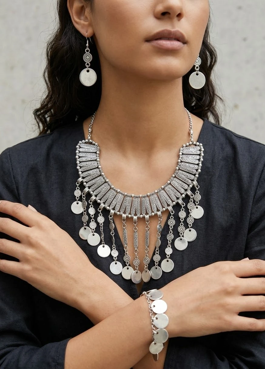 New bohemian Silver-Tone Coin Statement Necklace and Earring Set