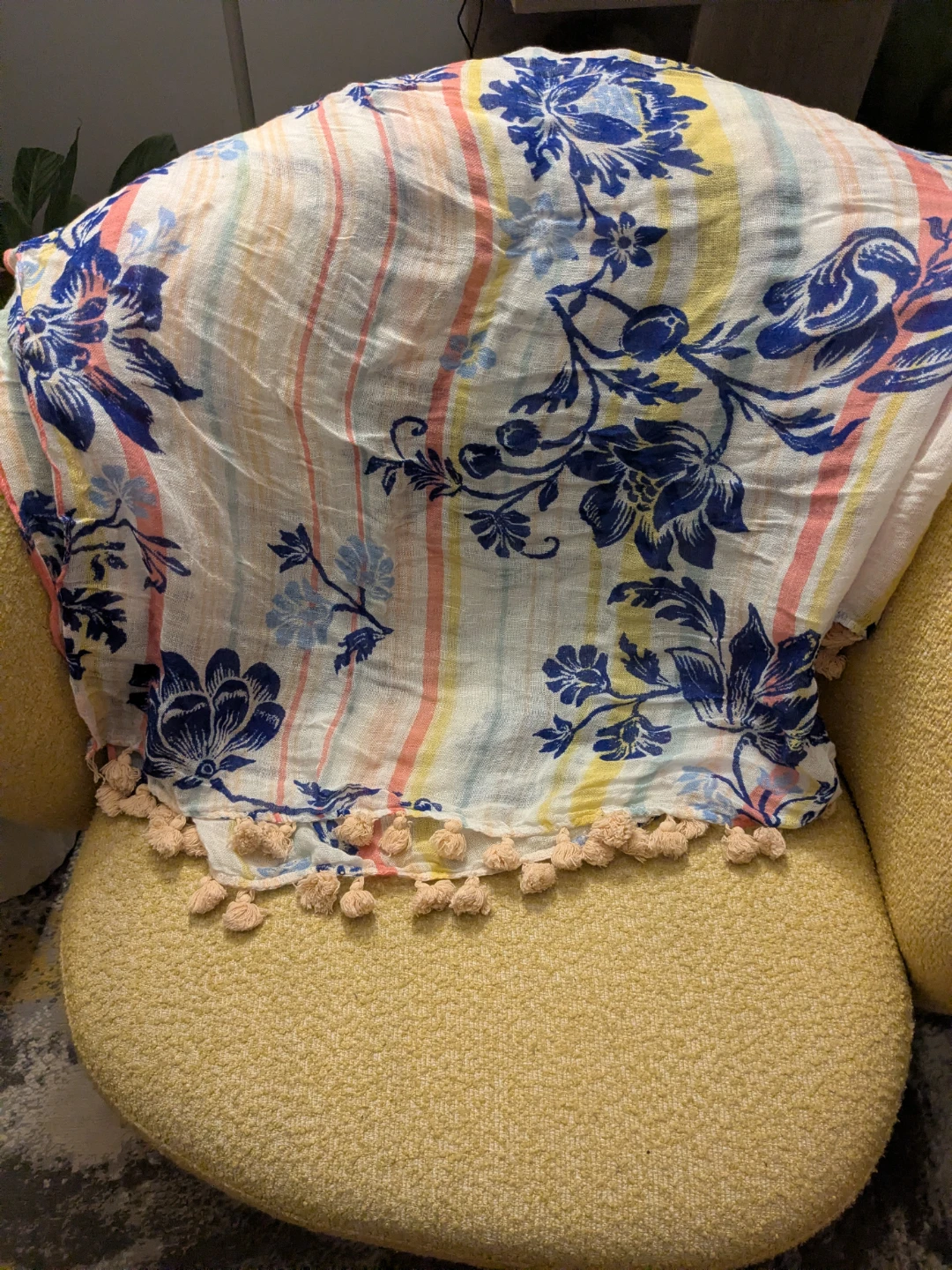 Caslon White Blue Floral Stripe Pom-Pom Wrap Throw 56 x 53 - photo 2