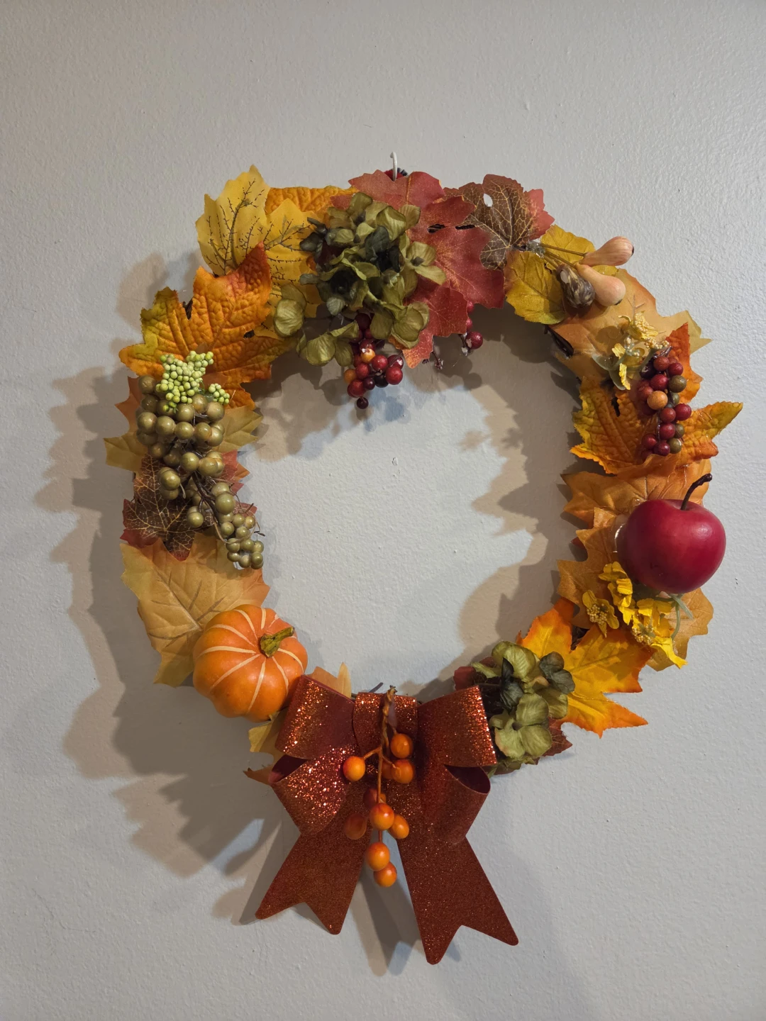 Autumn Fall Leaves Wreath with Pumpkin & Bow 12"