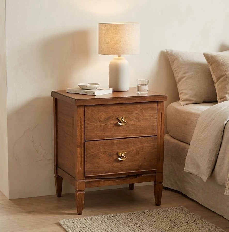Vintage Mid-Century Nightstand. Walnut / Brass Hourglass Pulls