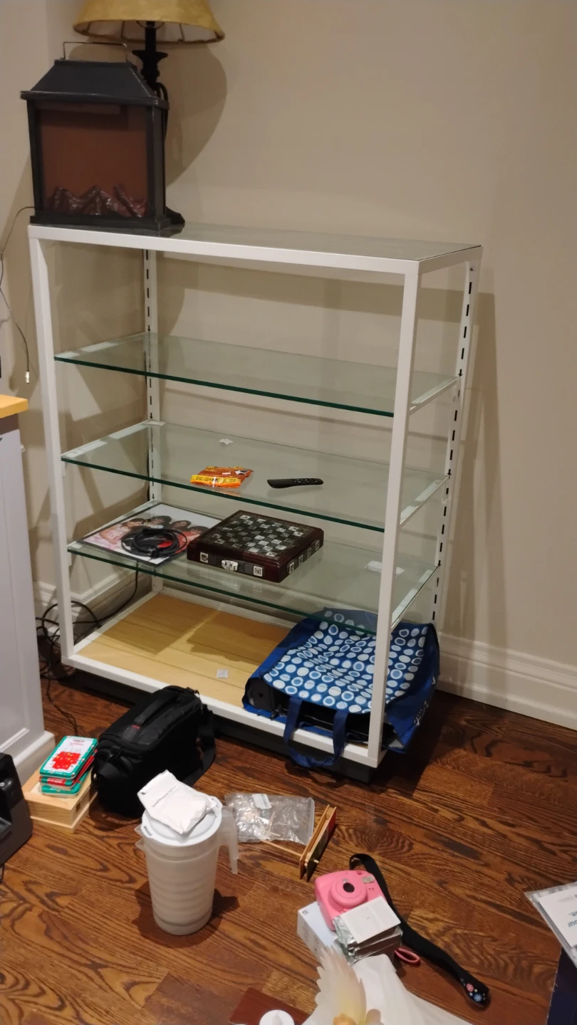 White Metal Shelving Unit with Glass Shelves