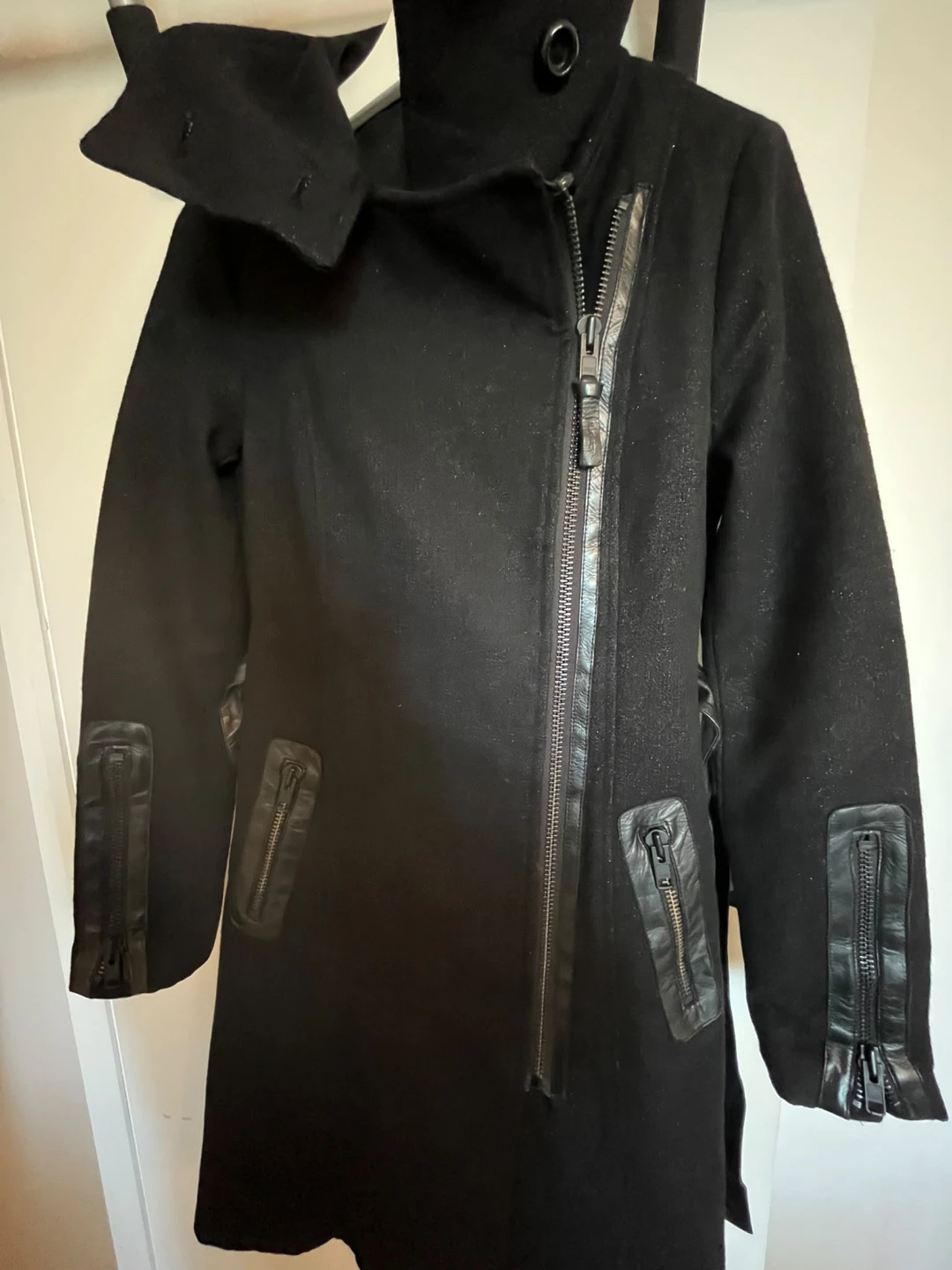 Mackage Black Wool Coat with Leather Trim