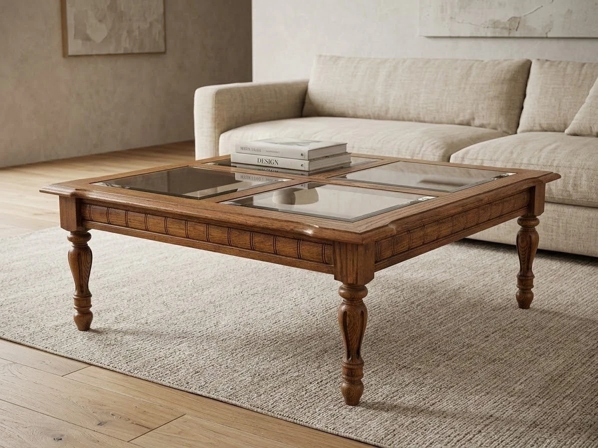 Beautiful Vintage Solid Oak Square Coffee Table / Glass Inserts.