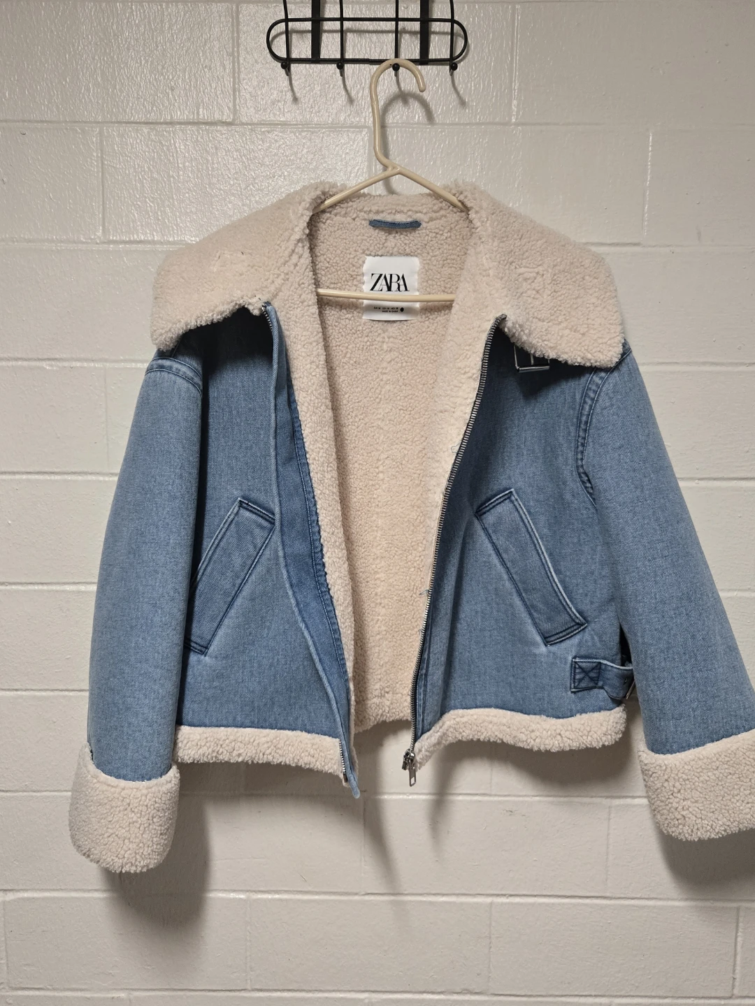 Zara Denim Faux Shearling Aviator Sherpa Biker Jacket Medium - photo 3