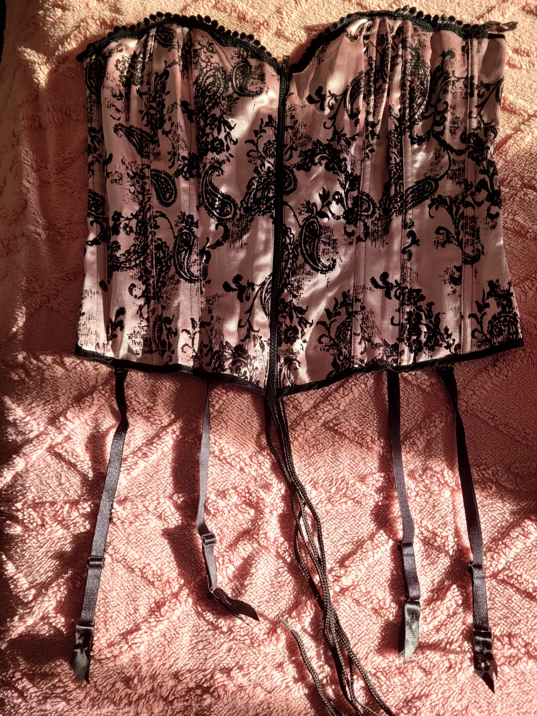 Pink and Black Paisley Print Corset Lingerie Set