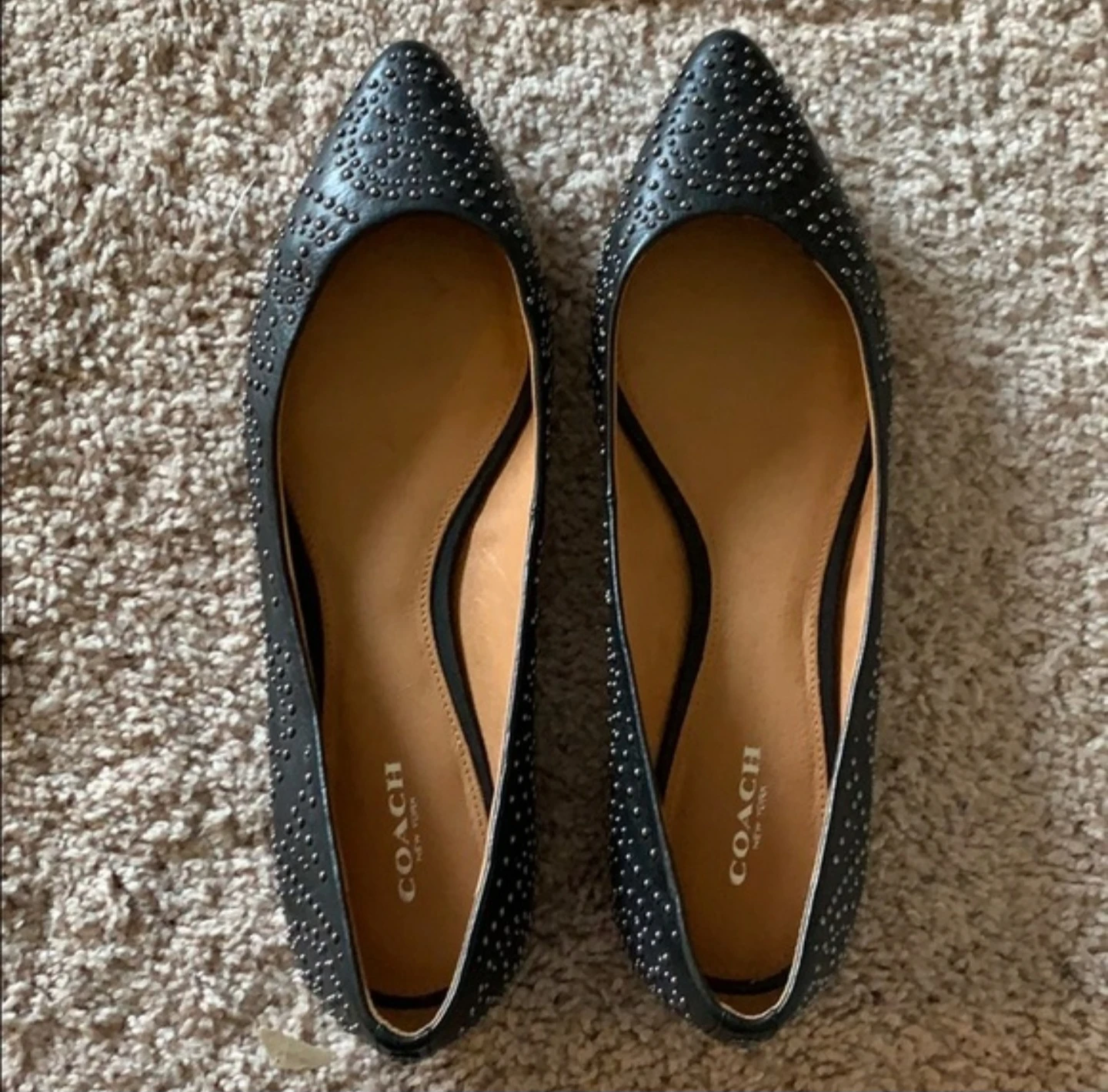 Coach Black Leather Studded Pointed-Toe Flats – US 10