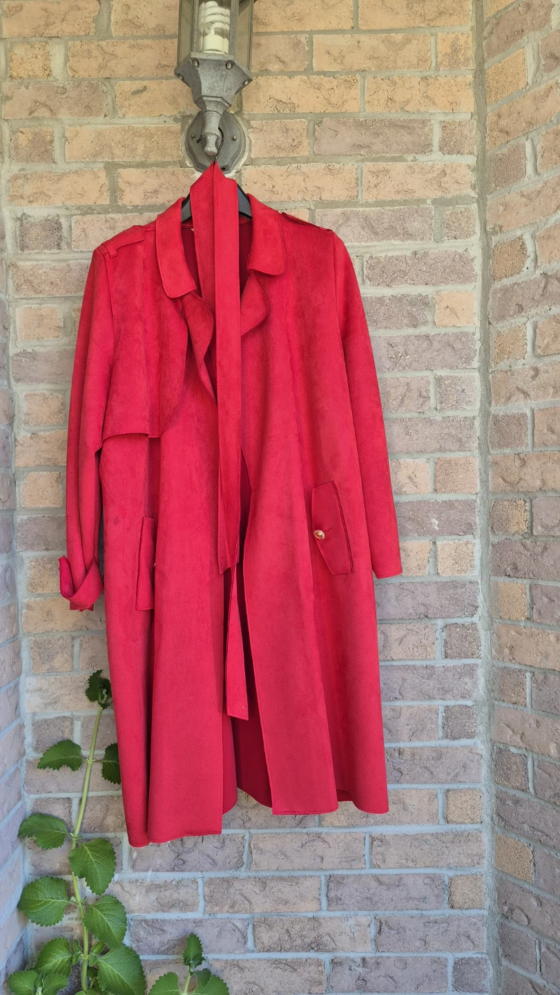 Vibrant Red Faux Suede Trench Coat