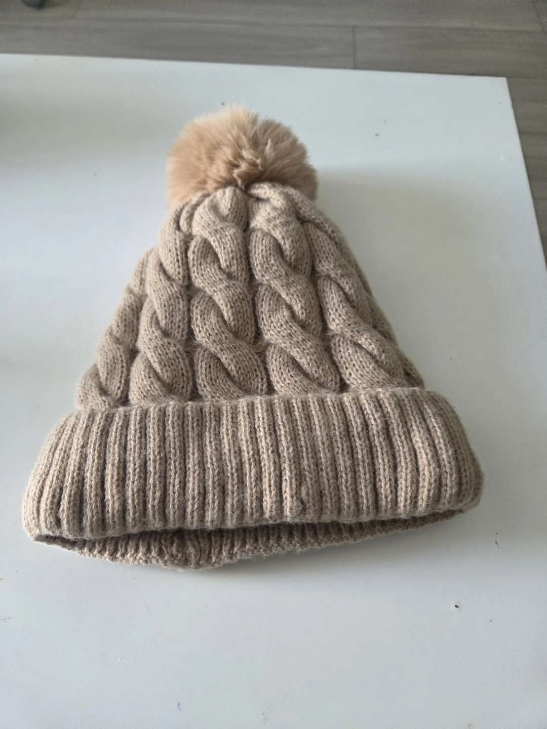 Beige Cable Knit Pom Pom Toque