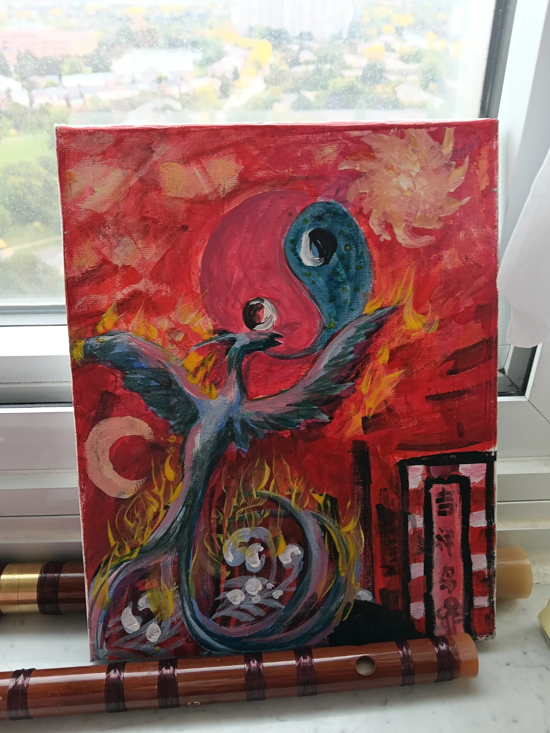 Hand-Painted Canvas Art featuring Phoenix and Yin-Yang