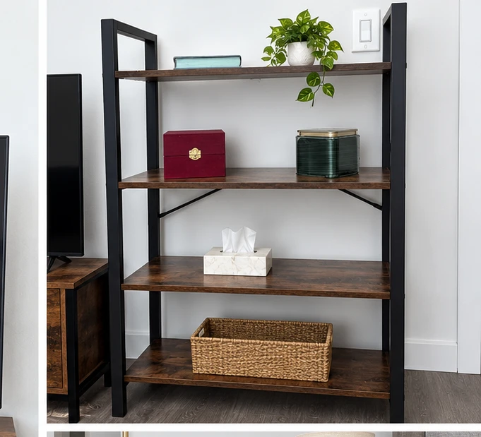 Industrial 4-Tier Wood and Metal Bookshelf