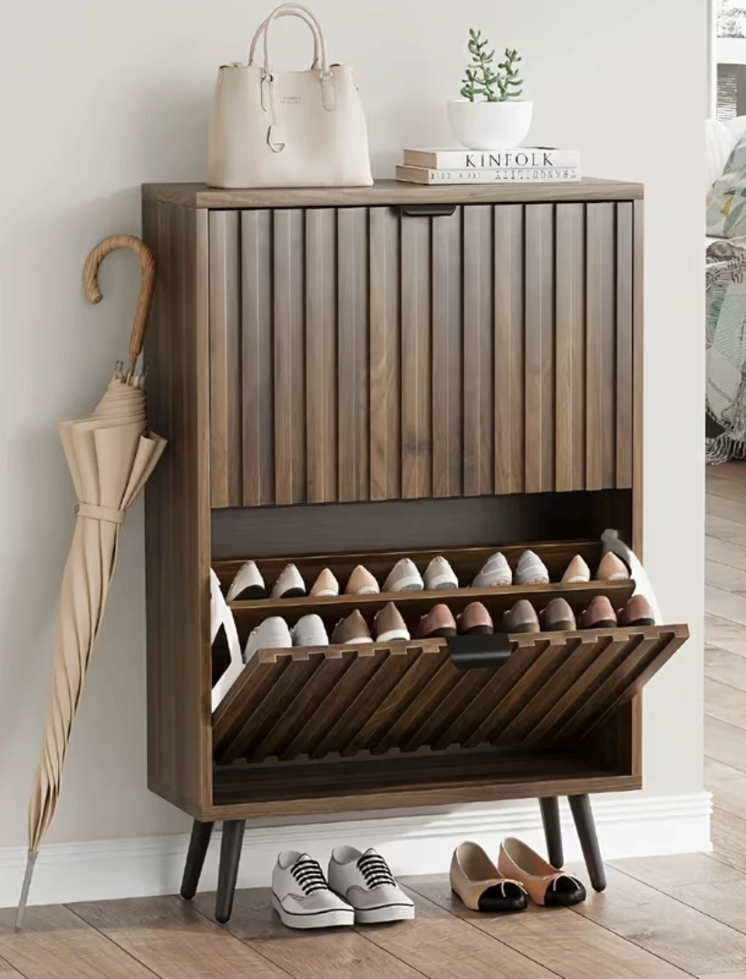 Walnut Shoe Storage Cabinet Storage with 2 Flip Drawers *new - photo 3