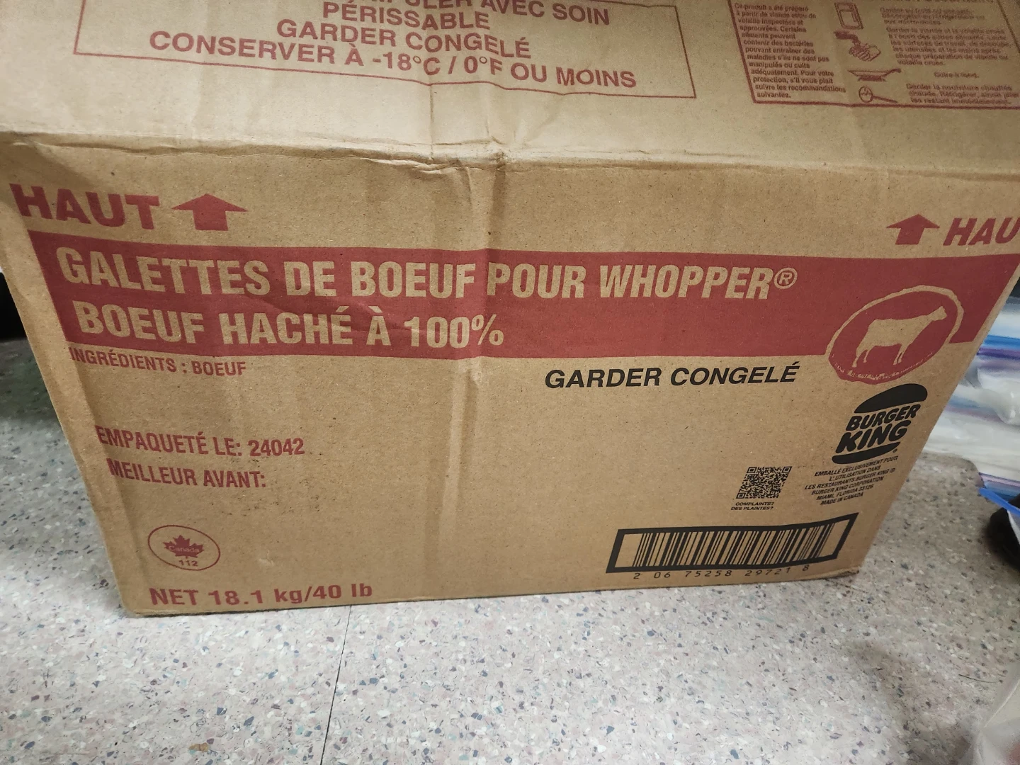 Frozen whopper patties