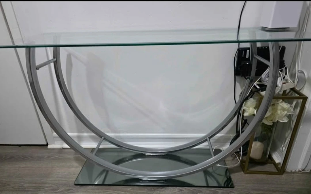 Modern Glass and Metal Half-Moon Console Table