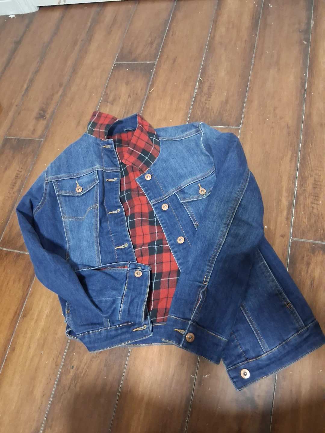 Blue Denim Jacket with Red Plaid Lining