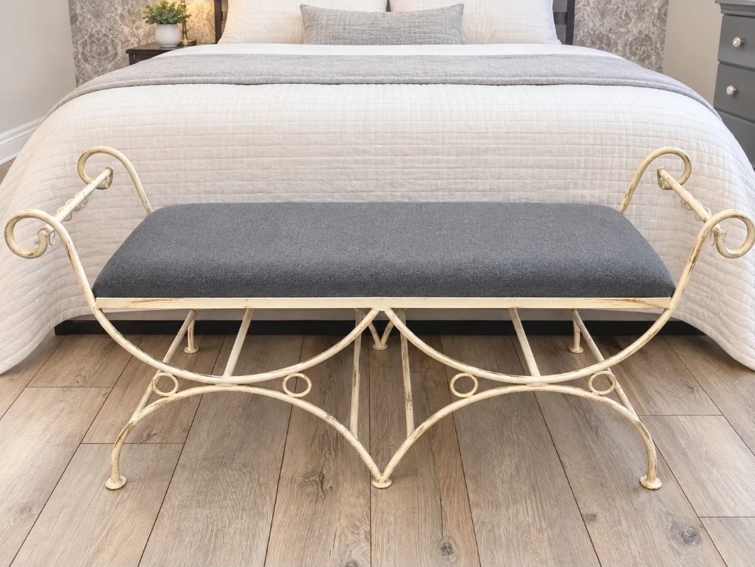 Vintage Wrought Iron Upholstered Bench. Heavy & Solid
