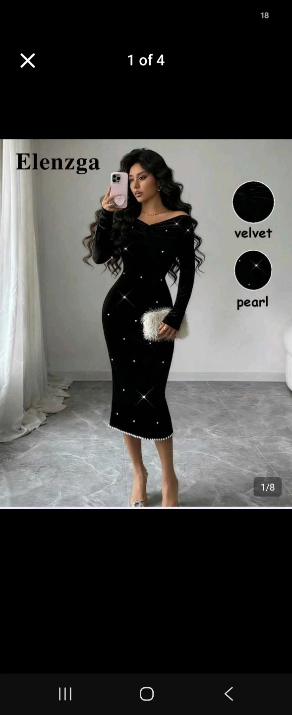 Elenzga Black Velvet Pearl Embellished Dress