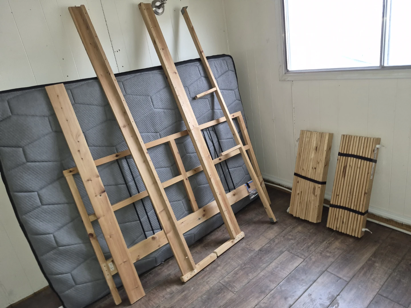 Queen mattress and pine bed frame