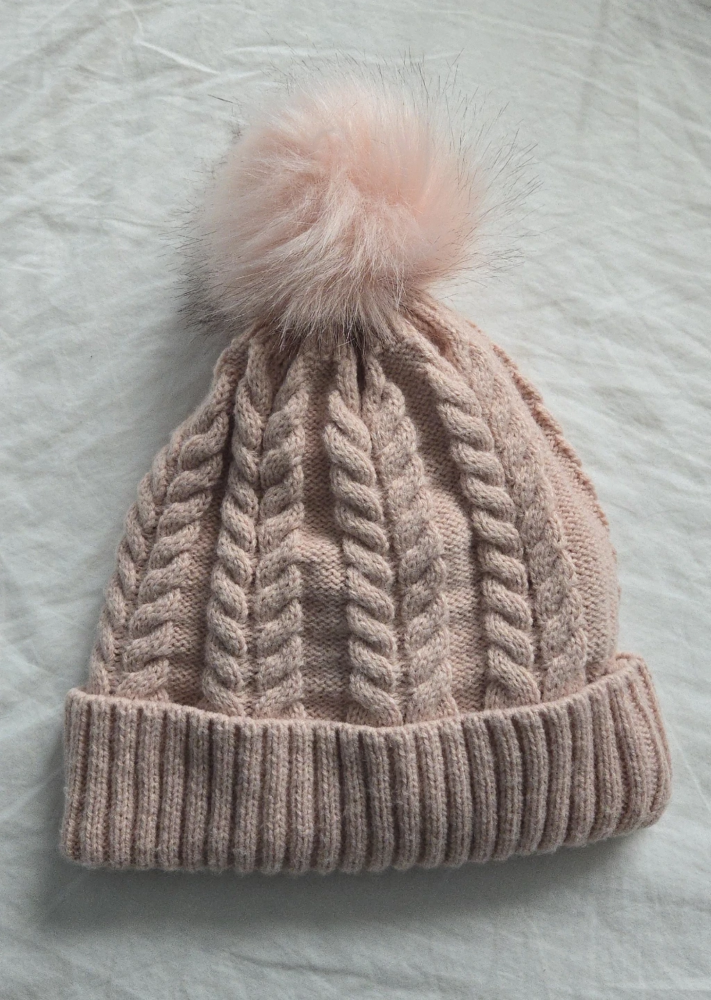 Knitted pink winter hat/toque with pompom - adult sized