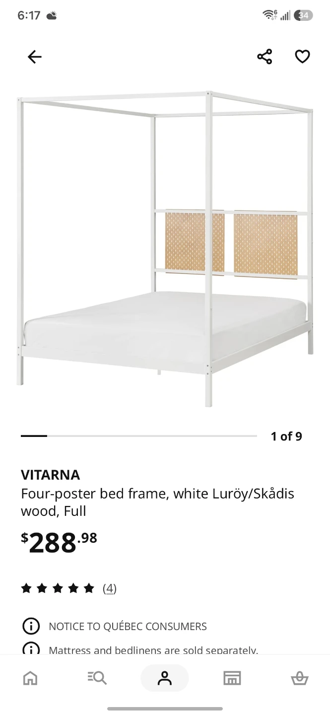 IKEA VITARNA Four-poster bed frame, white/wood, Full