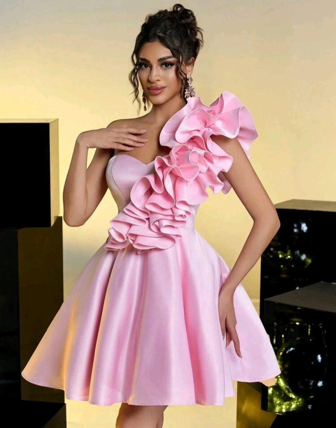 Pink Satin Ruffle One-Shoulder Dress