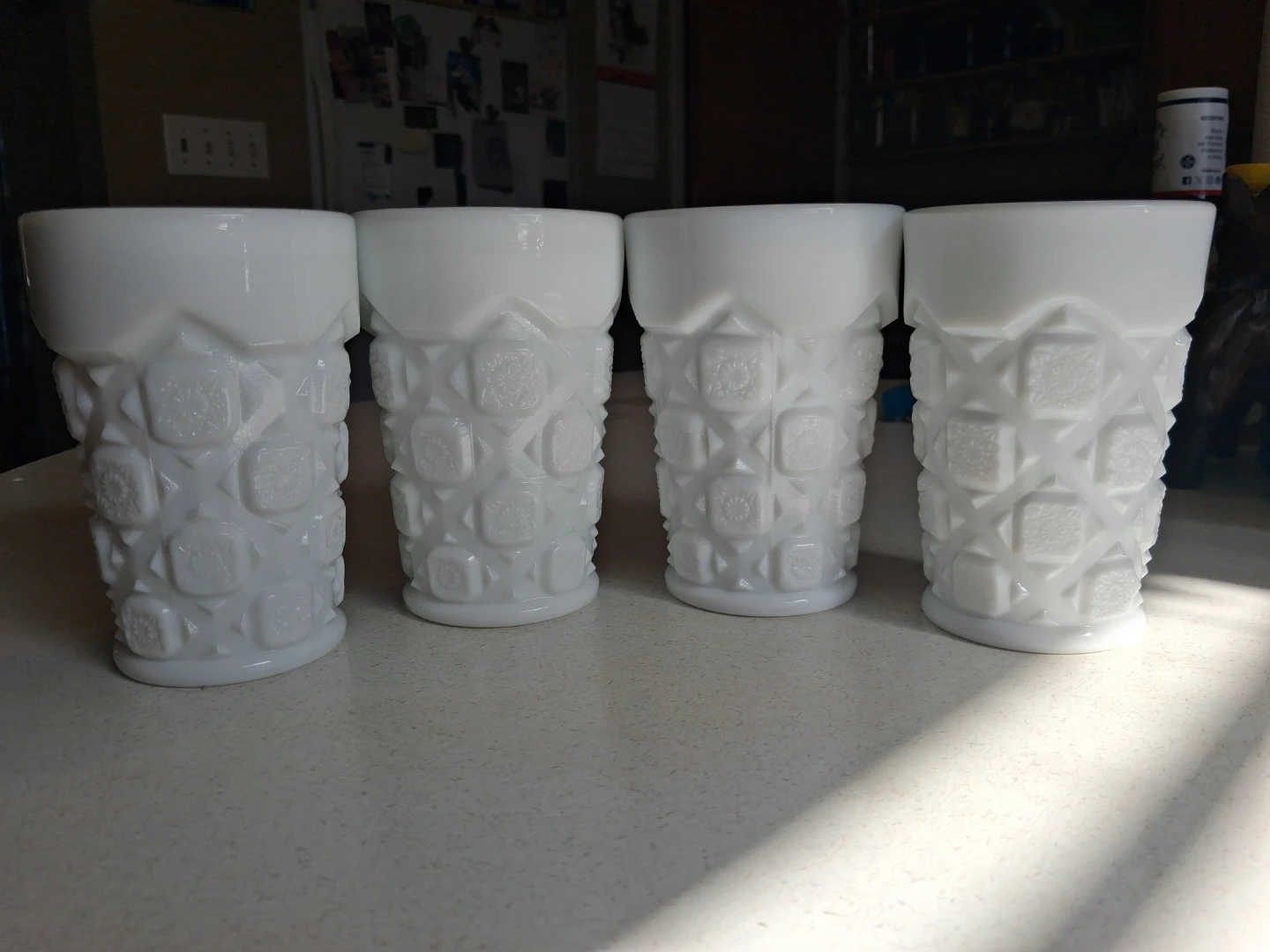 Set of 4 Westmoreland "Old Quilt" White Milk Glass Tumblers