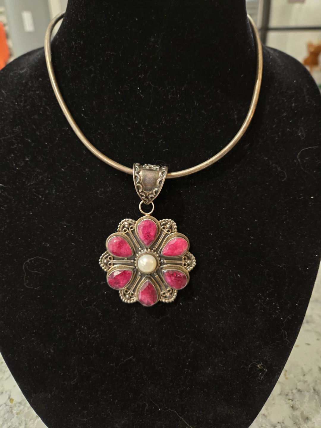 Vintage Sterling Silver Necklace with Burmise  Ruby and Pearl