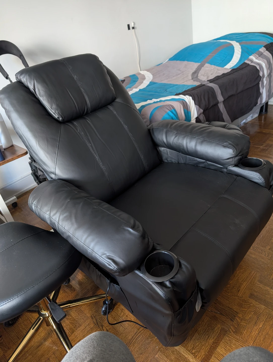 Black Leather Recliner Armchair with Cup Holders
