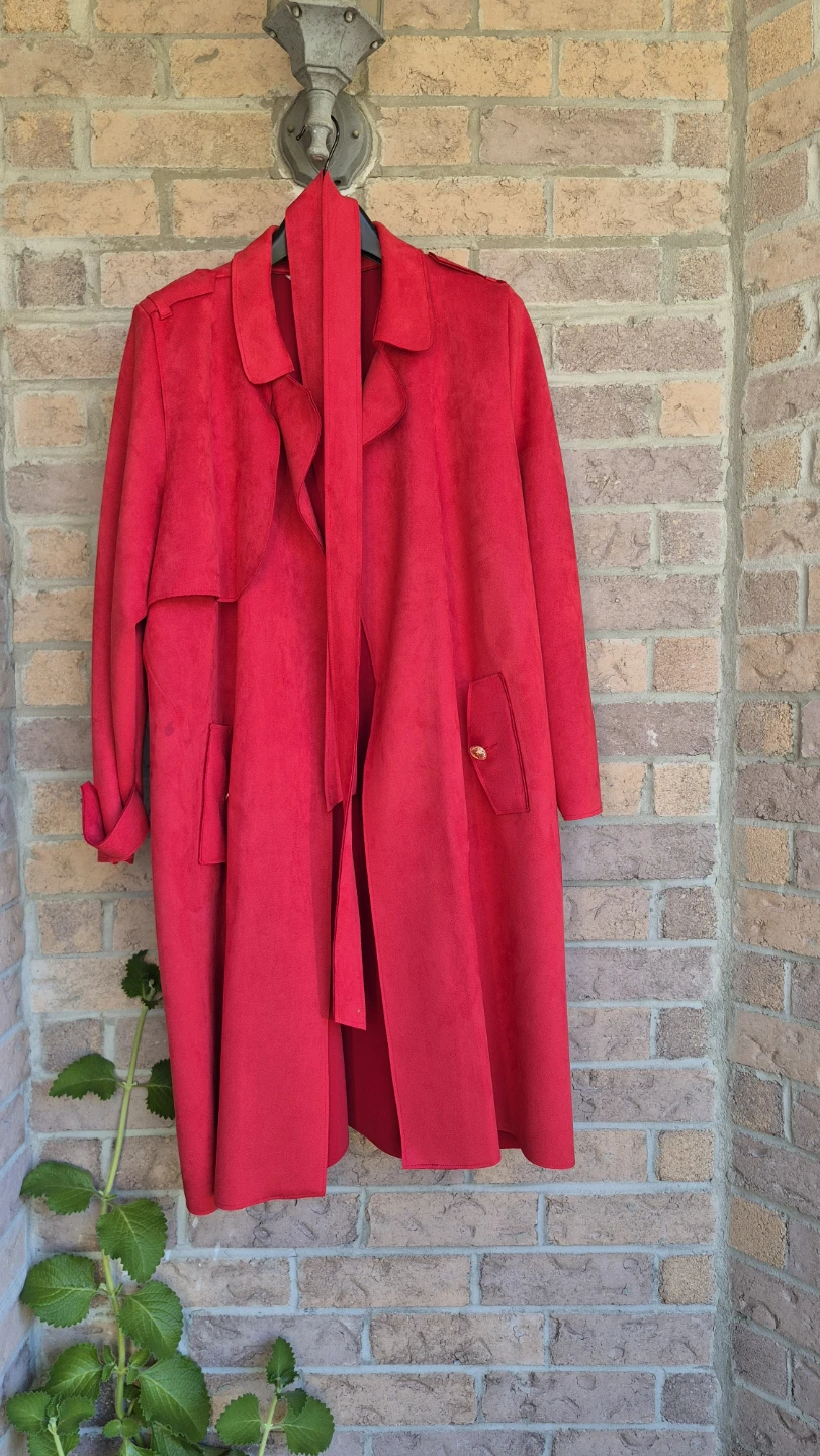 Vibrant Red Faux Suede Trench Coat - photo 2