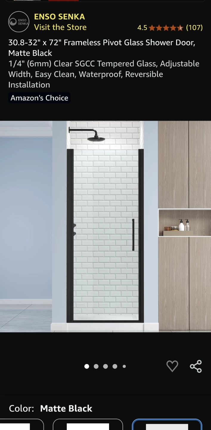 Enso Senka Frameless Pivot Shower Door Matte Black