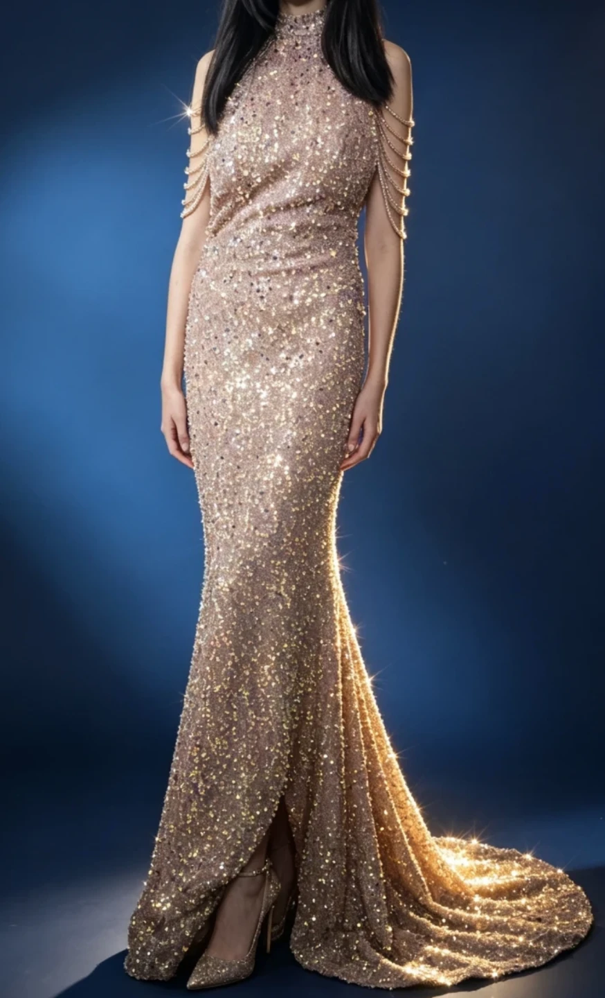 Sequin Champagne Evening Gown