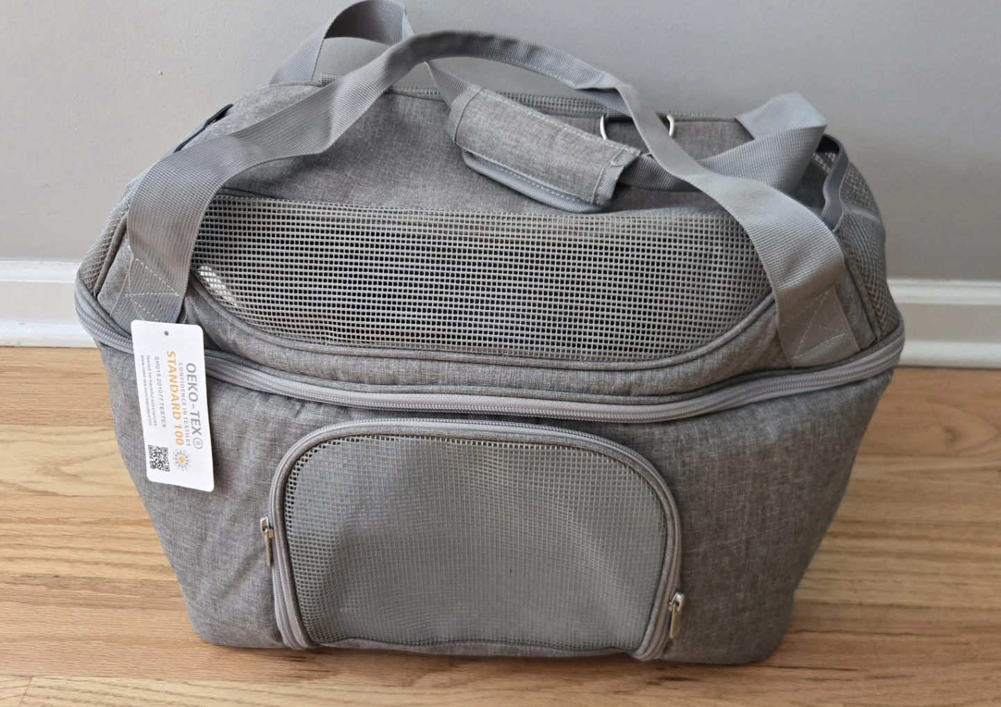 Gray Soft-Sided Pet Travel Carrier Crate, Mesh Panels, Strap