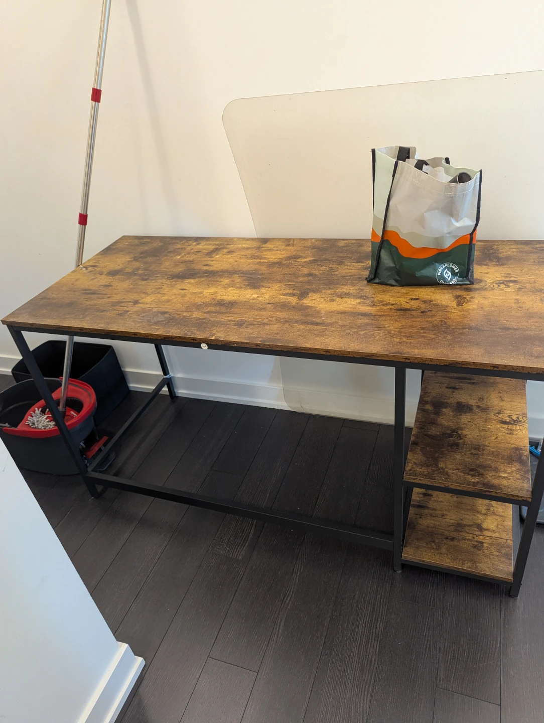 Rustic brown computer desk with side shelves