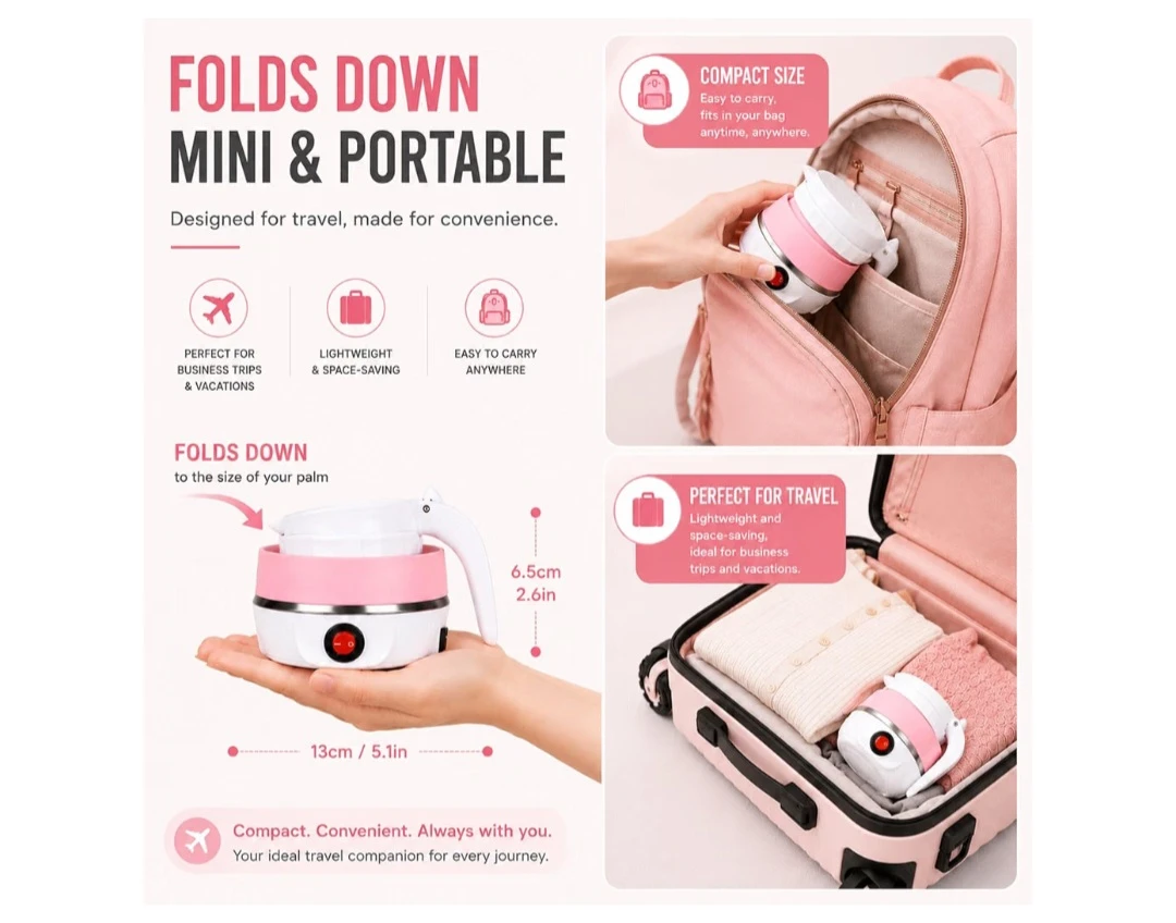 Collapsible Electric Kettle – Pink & White 🌸 - photo 2