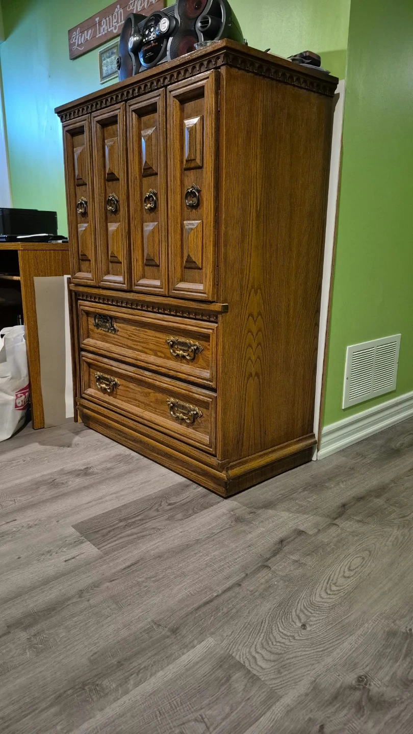 Vintage Solid Oak Armoire / Tallboy Dresser Cabinet