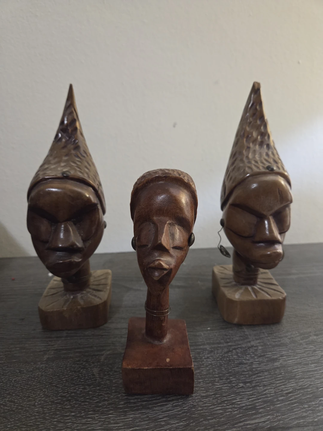 Vintage Hand-Carved African Solid Wood Bust Sculptures