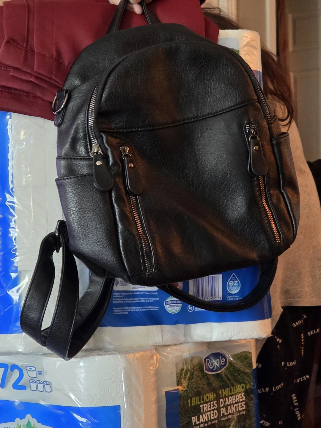 Black Faux Leather Mini Backpack