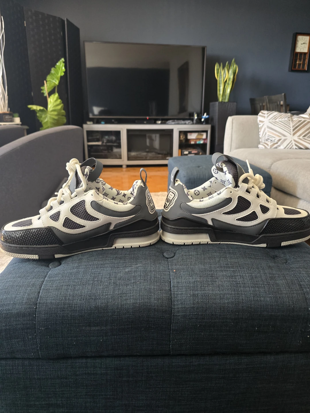 Gray and white lv skates