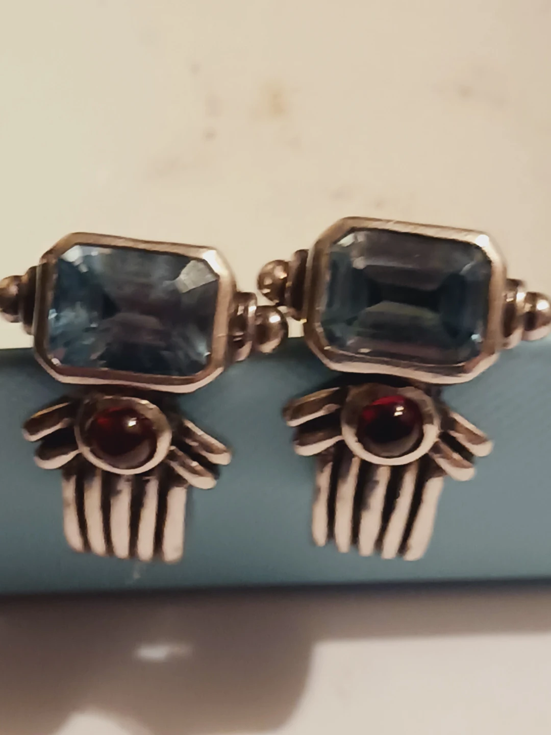 Sterling Silver 925 Blue Topaz and Garnet Gemstones Earrings - photo 4