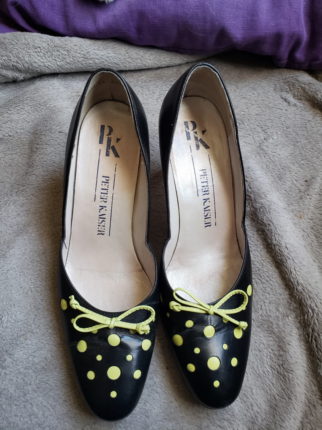 Peter Kaiser Black Leather Heels with Yellow Polka Dots
