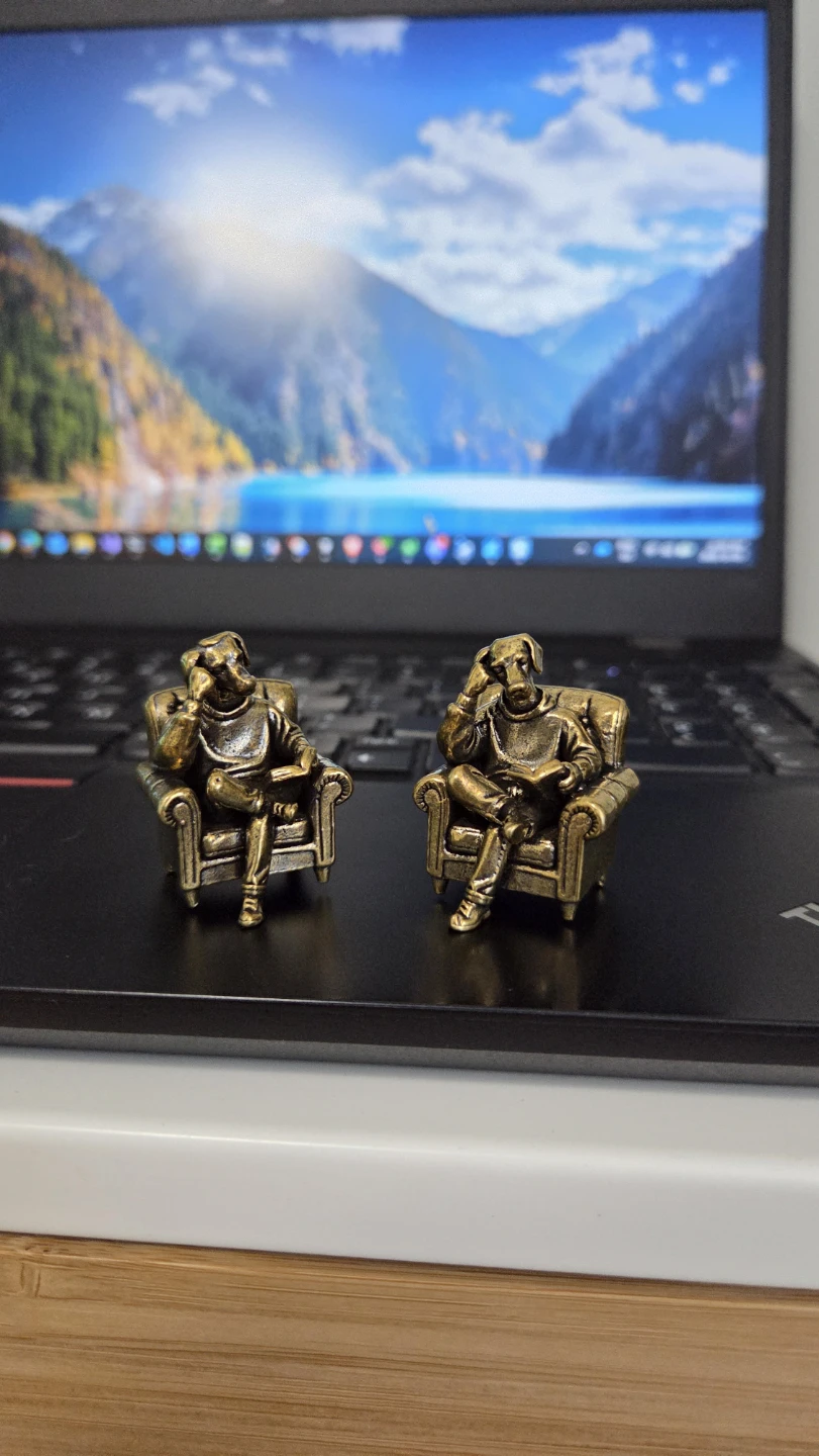 Set of 2 Reading Dog in Armchair Figurines – Brass Tone *new - photo 2