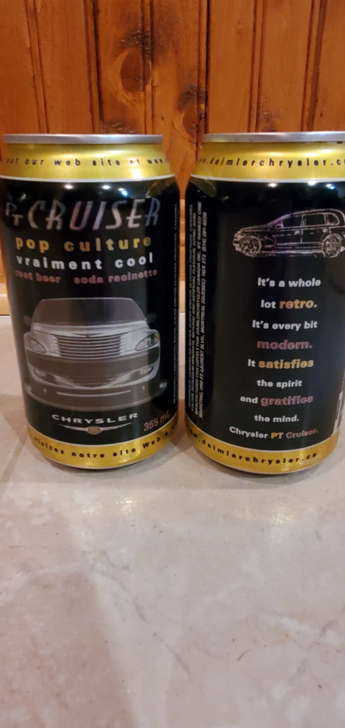 Two Vintage Chrysler PT Cruiser Root Beer Soda Cans