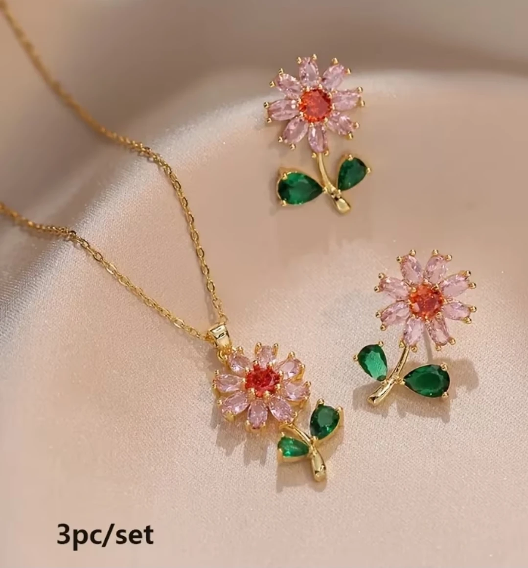 Flower Necklace and Earrings 3-Piece Set