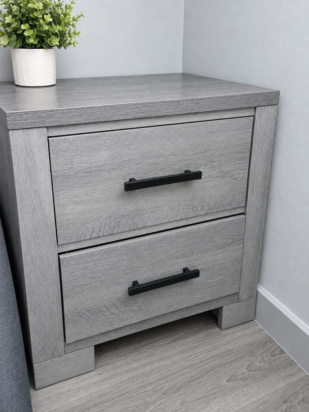 Gray Wood Nightstand with Two Drawers