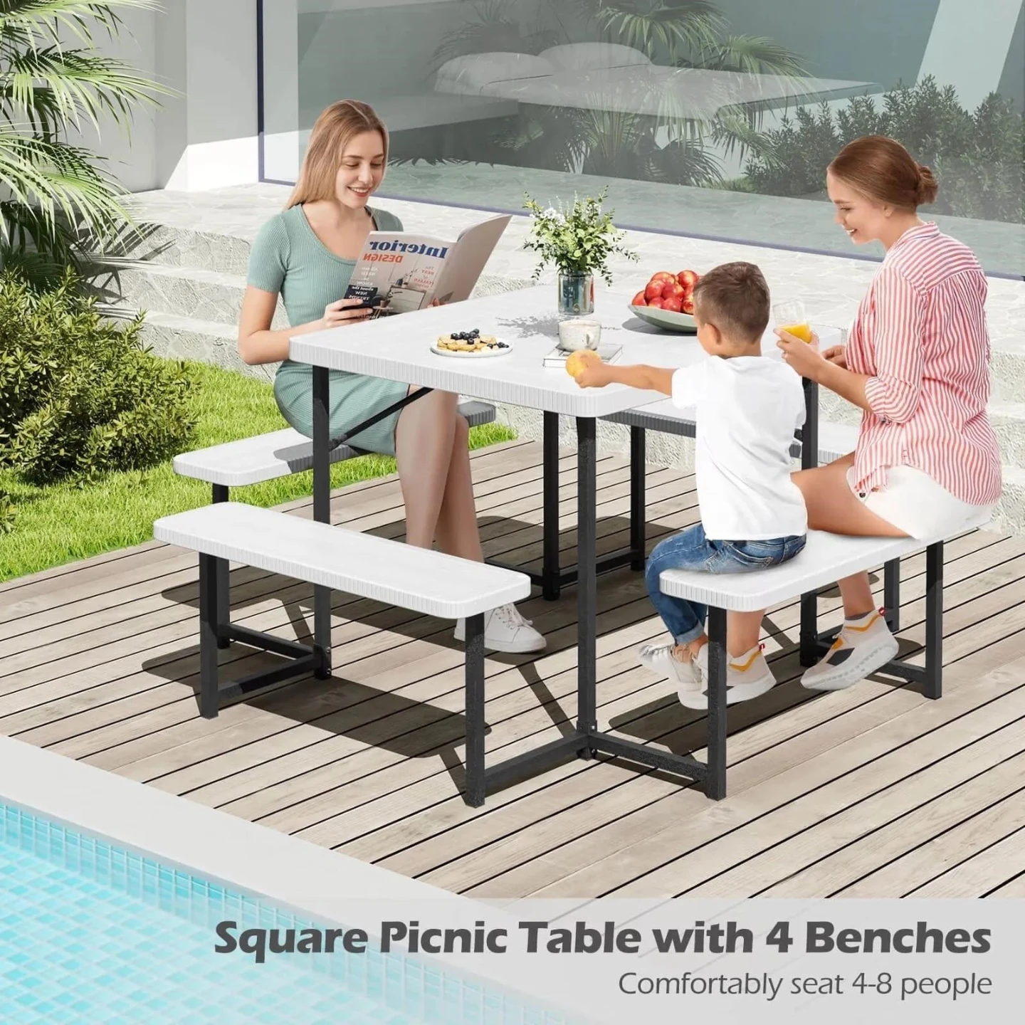 New<> Square Picnic Table with 4 Benches