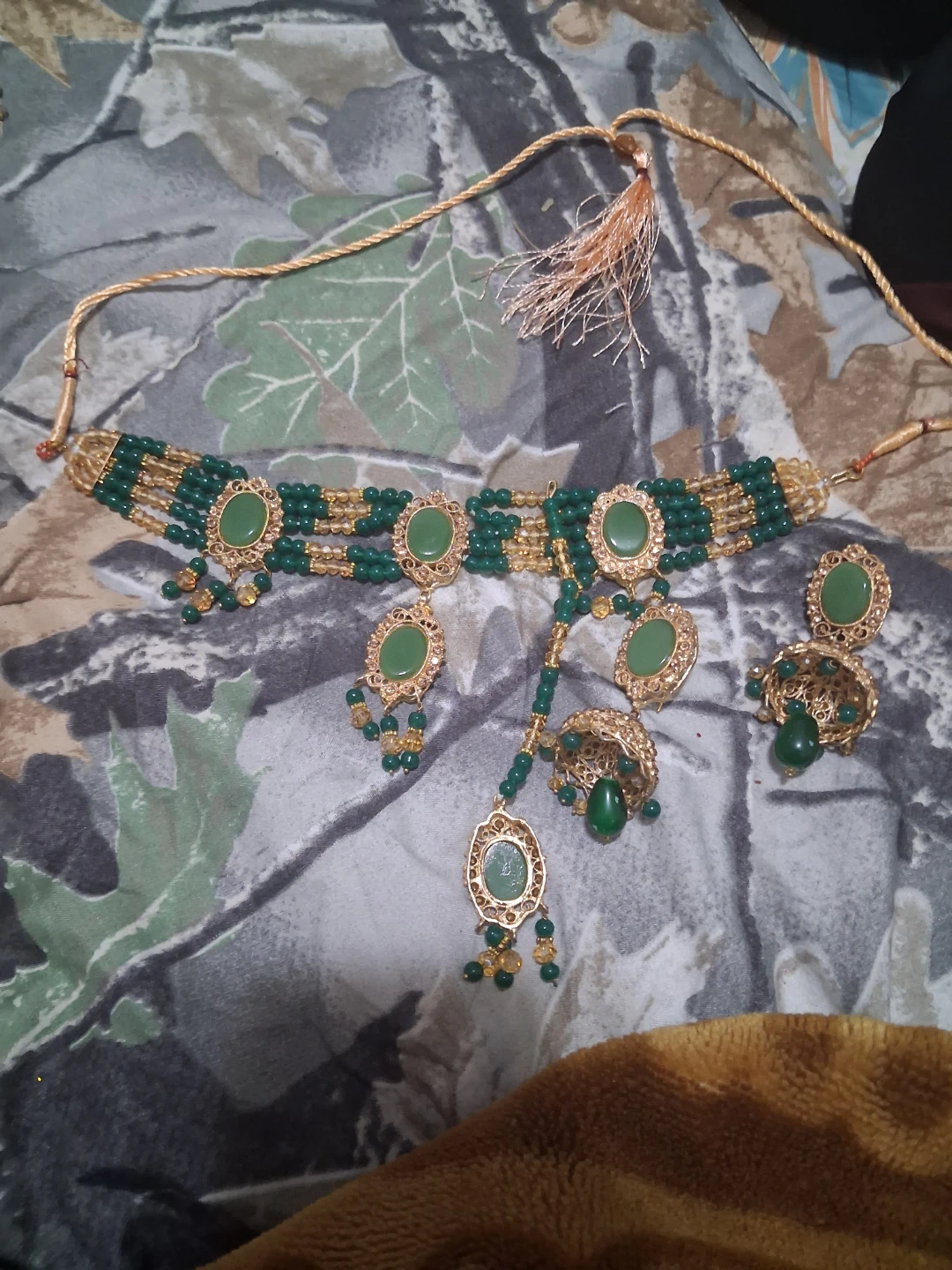 Green and Gold Tone Necklace and Earring Set