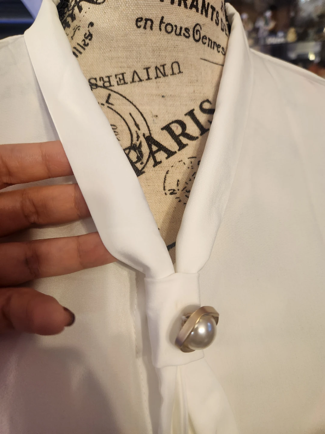 New White Long Sleeve Faux Pearl Brooch Tie Neck Blouse Top - photo 5