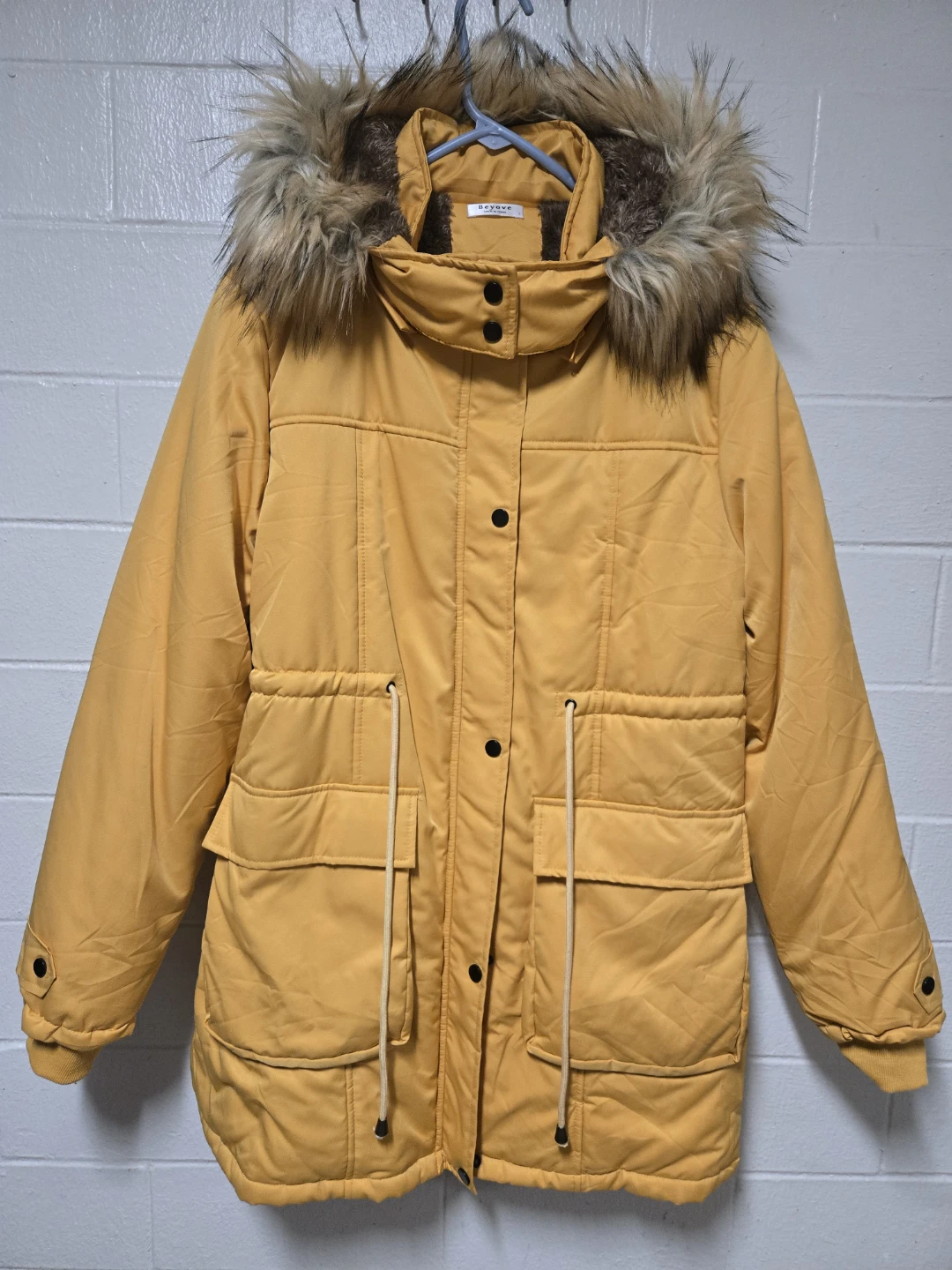 Beyove Mustard Gold Winter Parka Jacket Fleece Hood Size Large - photo 4