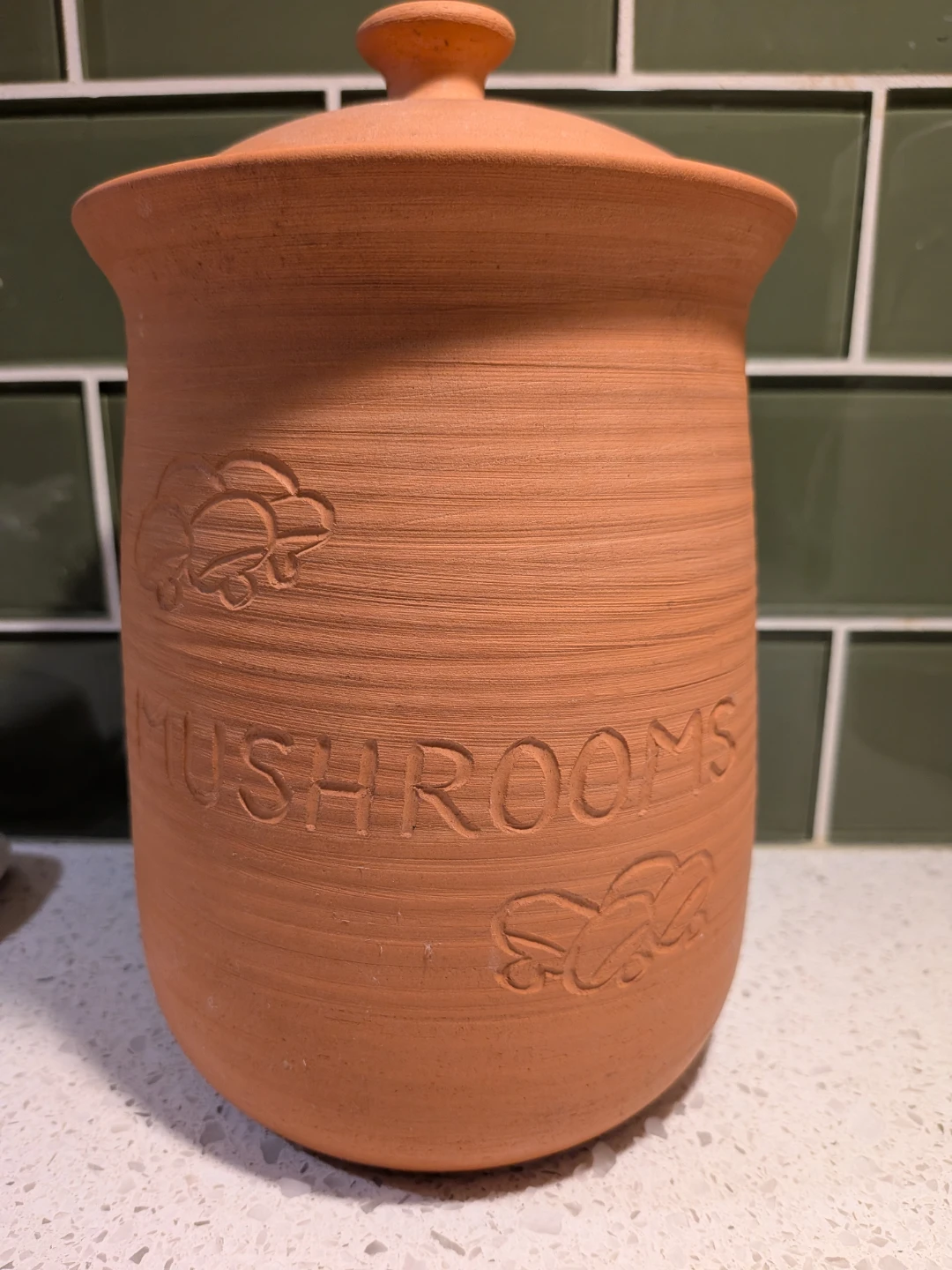 Lidded terracotta crock for mushrooms